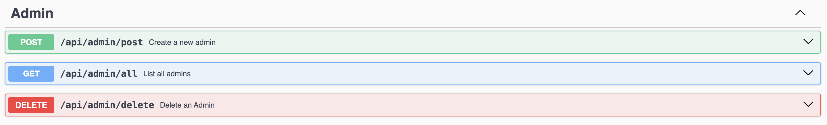 The admin backend commands visible in swagger.